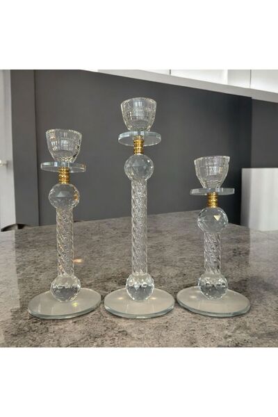 Peramari Dekoratif Kristal Cam Üçlü İnce Uzun Metal Şamdan Gold