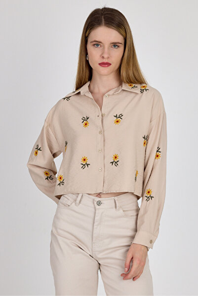 Rays Μπεζ λουλουδάτο πουκάμισο Με κέντημα 6232
