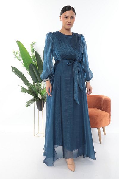 MİSS DİAMOND Elegant Belted Blue Long Dress with Long Sleeves