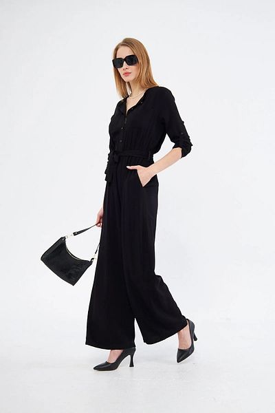 Kentsoylu Women's Black Elastic Waist Pocket Belt Long Sleeve Shirt Collar Relaxed Fit Jumpsuit Black 3297451