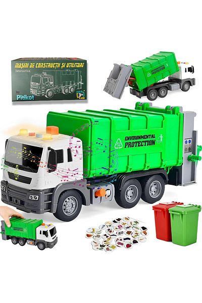 Pitikot Masina de gunoi Pitikot®, LED, sunete, container mobil, 2 tomberoane si carduri reciclare, verde