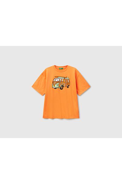 United Colors of Benetton Boy's Orange Openwork Front and Back Printed T-Shirt