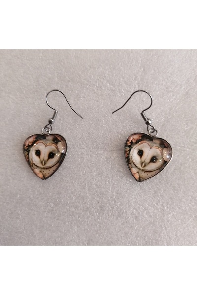 Butik Tülin Authentic Silver Metal Owl Picture Heart Dangle Earrings 4X2 cm M...