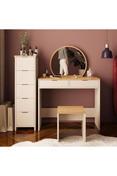 Bimossa Flora U2060 Kumtaşı Sepet 5 2 Çekmeceli Aynalı Makyaj Tuvalet Masası Seti Çekmeceli Dolaplı Tabureli