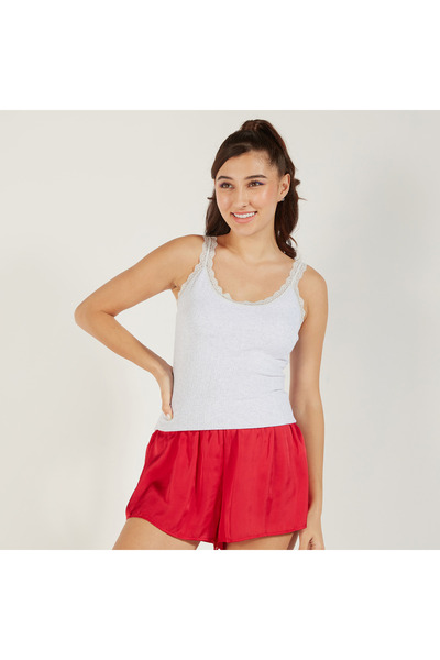 FAV Textured Sleeveless Camisole with Scoop Neck and Lace Detail