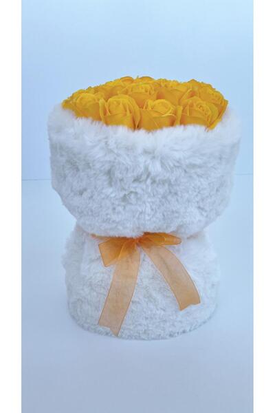 lavinia flowers design Sarı Yapay Gül Aranjmanı Beyaz Peluş Kutuda (GOLDEN GLOW)
