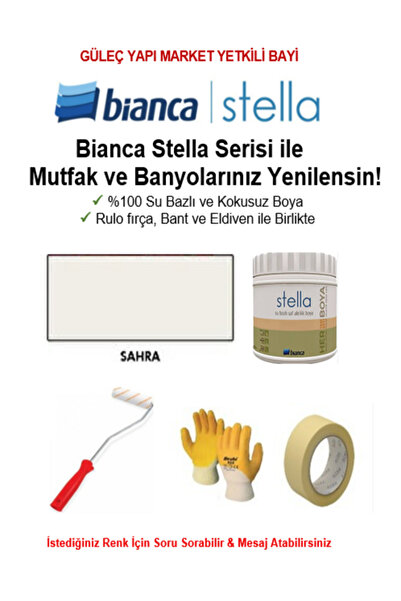 Bianca Stella Su Bazlı Saf Akrilik BOYA ( 0,5Lt Boya + Rulo fırça, Kağıt Bant ve Eldiven İle Birlikte)