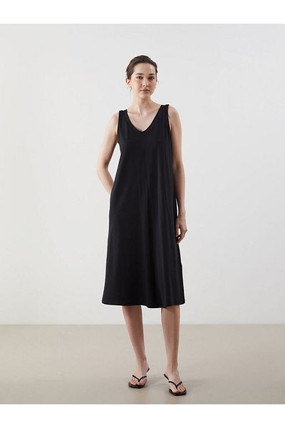 LC Waikiki Black Plain Pleated Women's Dress