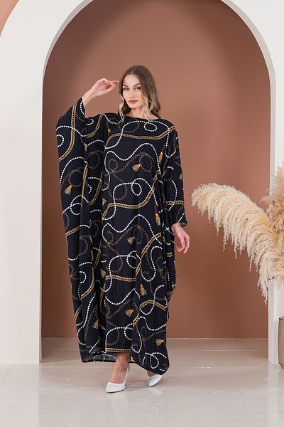 EL jadida Women's Patterned Oversize Plus Size Long Viscose Dress Black
