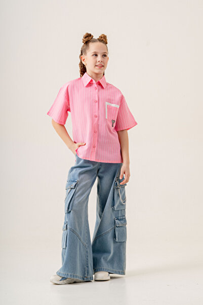 GİYİCEM TEKSTİL Kız Çocuk Kısa Kol Çizgili Gömlek 3170