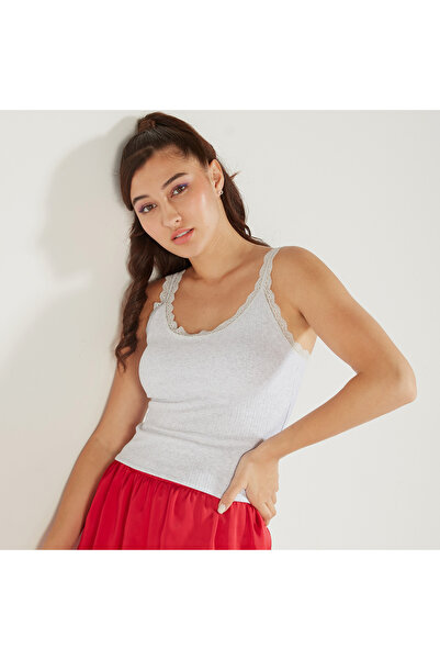 FAV Textured Sleeveless Camisole with Scoop Neck and Lace Detail