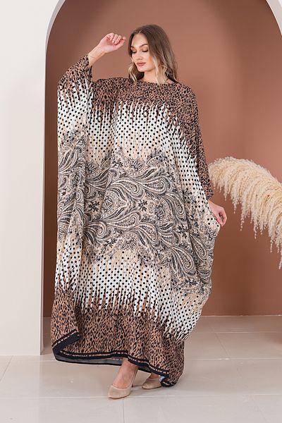 EL jadida Women's Patterned Oversize Plus Size Long Viscose Dress Brown