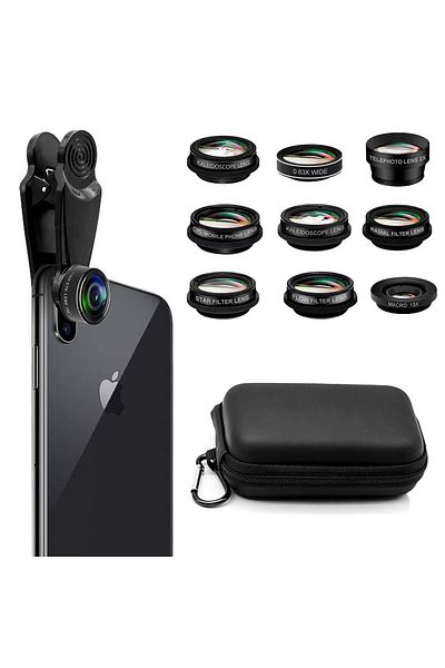 Tinklu Kit 10 Photo Lenses, Set of Lenses for Phone and Tablet, Fish Eye, Macro 15X, Case, Black