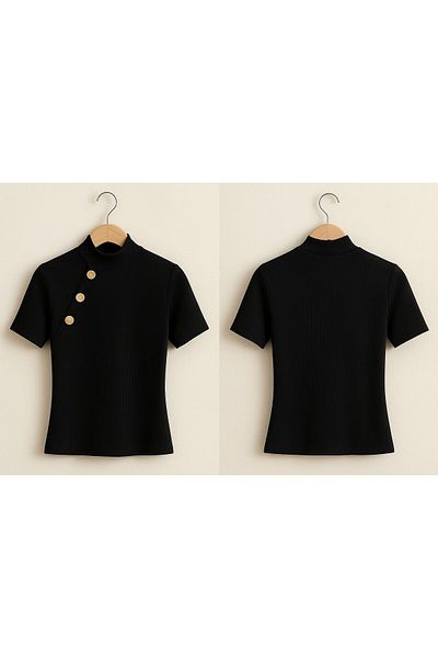 only moon Women's Wear Black Gold Button Detail Bady, Bluz