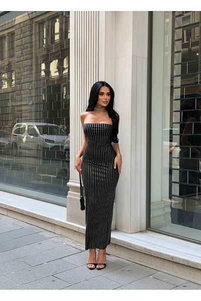 sajarsln Saja Rsln Zirconium Stone Rochie italiană cu dungi fără bretele de lungime midi Lycra
