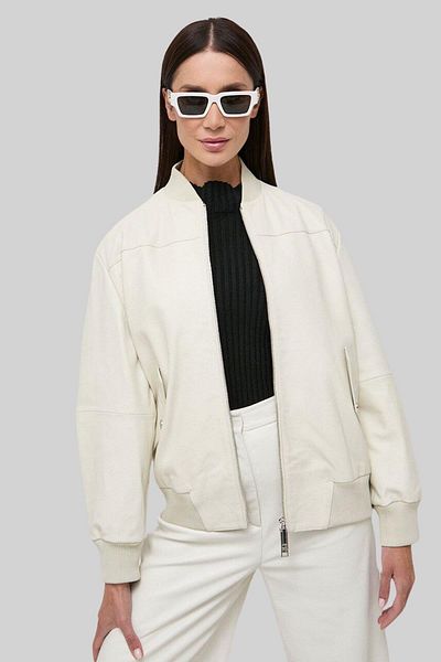 BOSS Women's Zippered Leather Bomber Jacket White