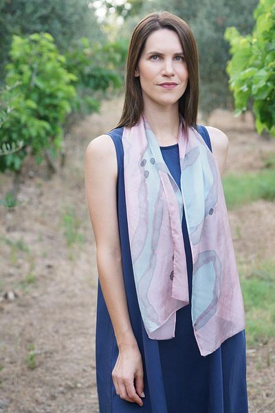 Defne&Apollon İpekçilik 100% Pure Silk Hand Painted Scarf - Special Design 35X140Cm - Pink-Blue Paw