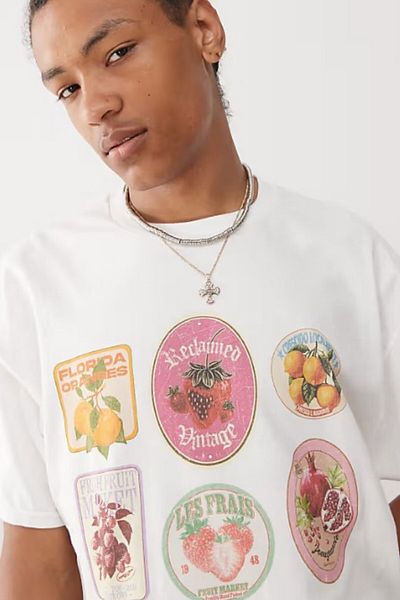 The Champ Clothing Unisex Oversize 100% βαμβακερό μπλουζάκι με ετικέτα φρούτων Λευκό μπλουζάκι απόκτησης Vintage στυλ