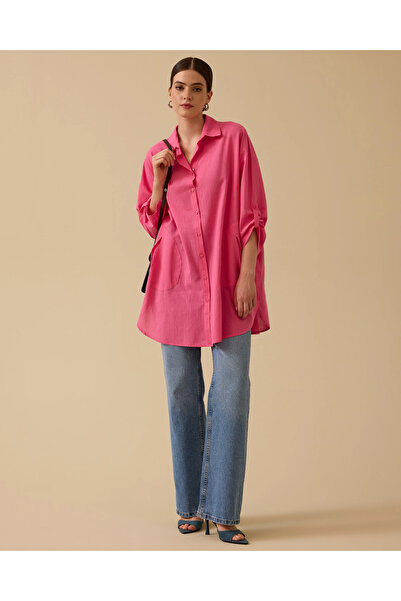SEÇİL Keten Görünümlü Düğmeli Oversize Gömlek