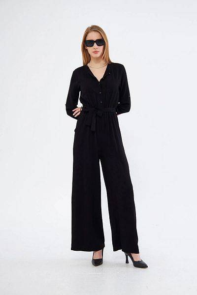 Kentsoylu Women's Black Elastic Waist Pocket Belt Long Sleeve Shirt Collar Relaxed Fit Jumpsuit Black 3297451