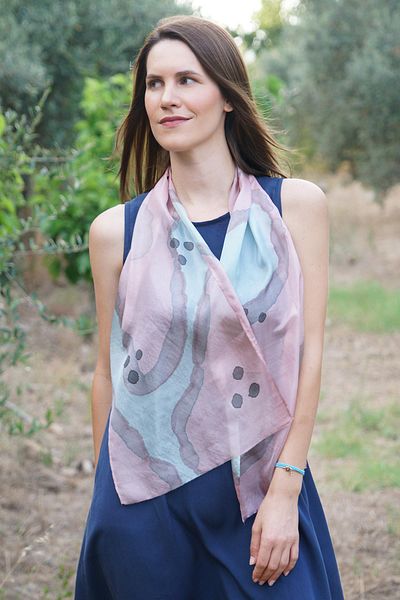 Defne&Apollon İpekçilik 100% Pure Silk Hand Painted Scarf - Special Design 35X140Cm - Pink-Blue Paw