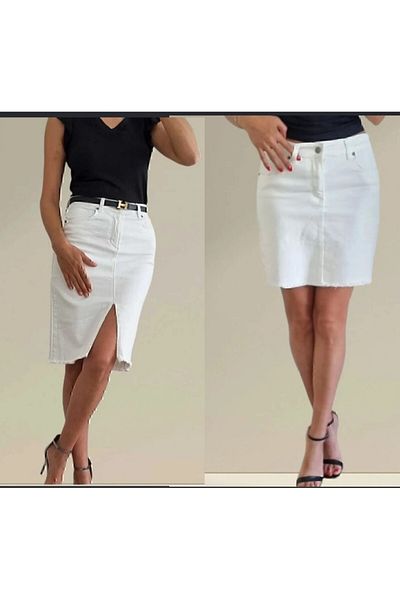 duygu dilsiz Fusta de blugi din Lycra albă pentru femei, mini și midi, cu 2 buzunare