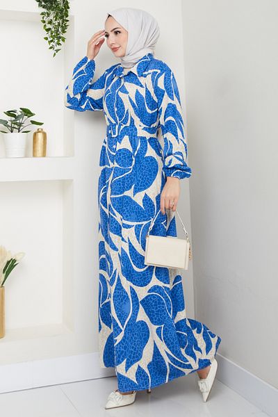 InStyle Rochie din viscoză albastră cu model de buline frunze