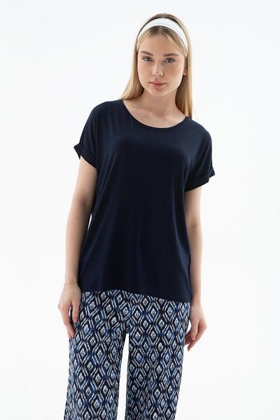 Fashion Friends Μπλούζα με λαιμόκοψη από βισκόζη Navy Blue