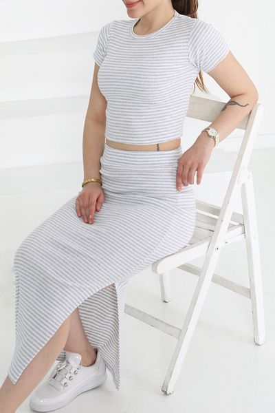 TOFİSA Short Sleeve Striped Double Suit Gray - 27232