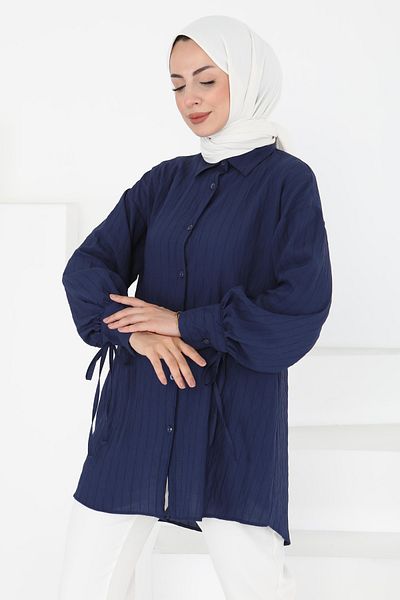 TOFİSA Tunic with Lace-Up Sleeves Navy Blue - 27001