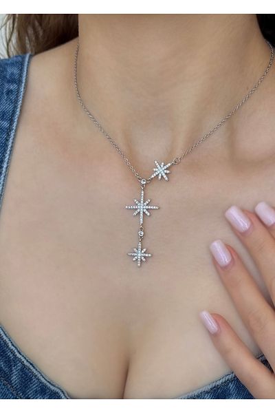 Home Sihra Accessories Triple Pole Starry Necklace Y Pendant Silver Color Zircon Stone Low-Cut Necklace