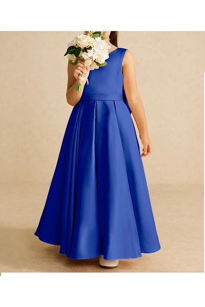 MadyaButik Girls Kids A-Line Pleated Plain Satin Long Dress Graduation Birthday Prom Dress