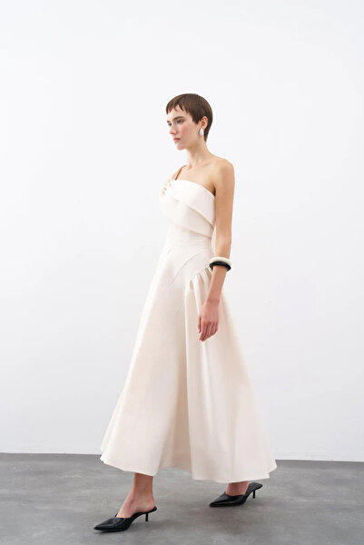 cercis Tek Omuz Düğüm Detaylı Uzun Abiye Elbise