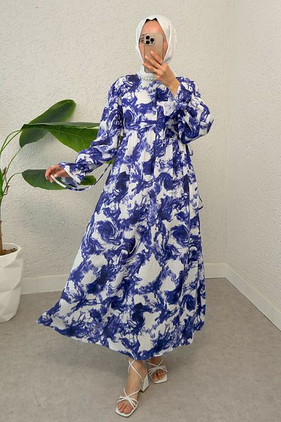 Salih Çelebi Ebruli Pattern Hijab Dress 2328 - Blue
