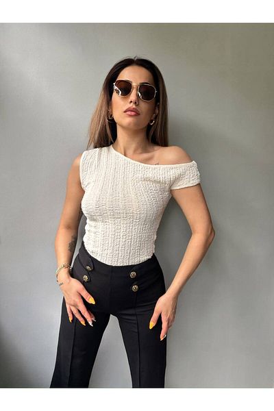 Butik Beyza Bürümcük Gofre Εξαιρετικά εύκαμπτο ύφασμα μονό ώμο χαμηλή μπλούζα