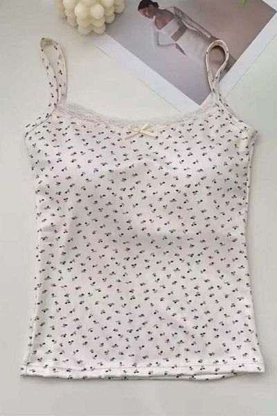 Pop Giyim Y2K Supported Strap Crop Body with Small Bow and Flower Pattern