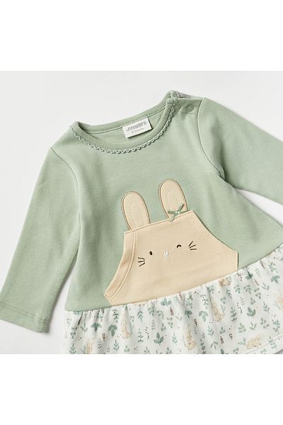 Juniors Bunny Applique Dress with Long Sleeves and Snap Button Closure