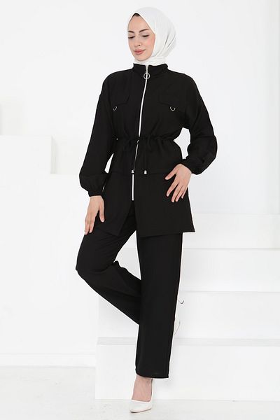 TOFİSA Tie Waist Double Suit Black - 27181