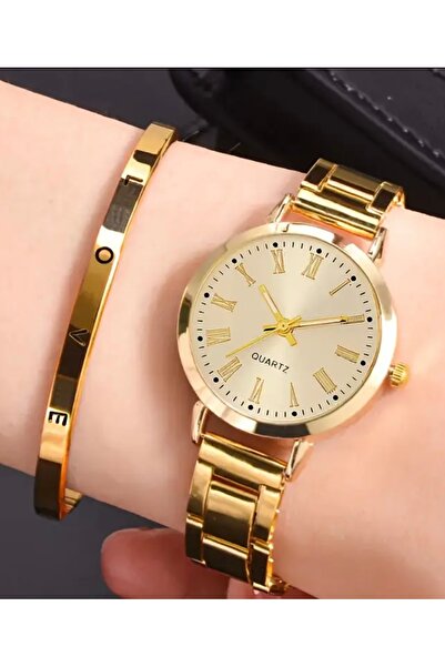 Renkada İtalyan Gold Saat ve Bileklik 2li Set Hediye Günlük Özel Gün Hediye