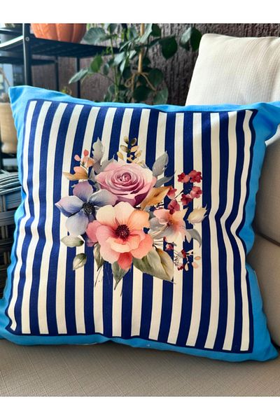 white rabbit home Navy Blue White Striped Floral Throw Pillow Case