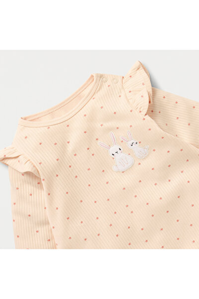 Juniors Bunny Applique Ribbed Dress with Ruffle Detail and Long Sleeves