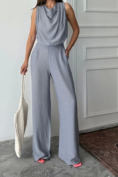 nedo7 Degaje Collar Sleeveless Bluz - Pants Suit - Gray