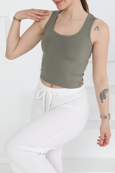 TOFİSA Cupral Oval Neck Crop Tank Top Khaki - 27278
