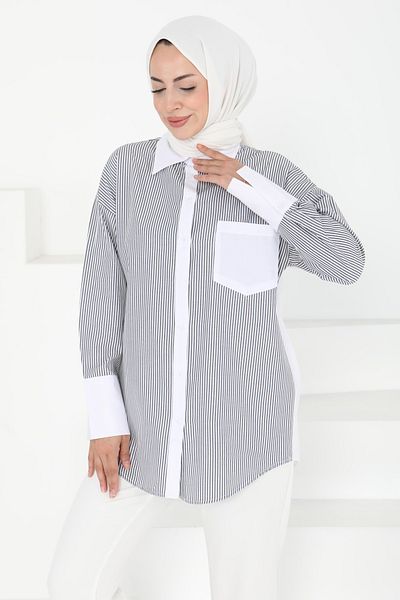 TOFİSA Striped Pocket Detail Shirt Gray - 27243