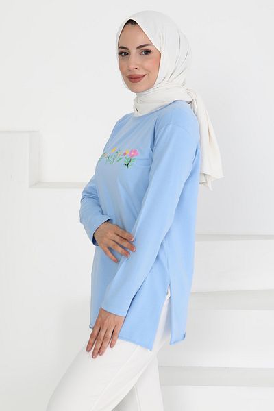 TOFİSA Women's Crew Neck Floral Printed Tunic Baby Blue - 27197