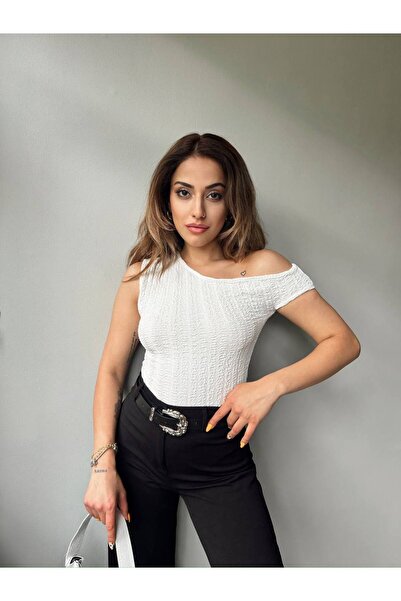 Butik Beyza Bürümcük Gofre Εξαιρετικά εύκαμπτο ύφασμα μονό ώμο χαμηλή μπλούζα