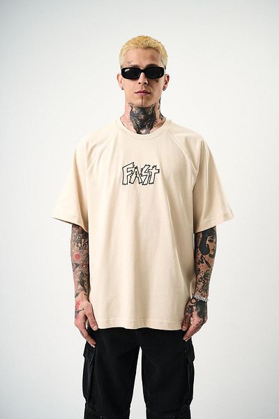 Respire Men's Fast Embroidered Oversize T-Shirt Beige