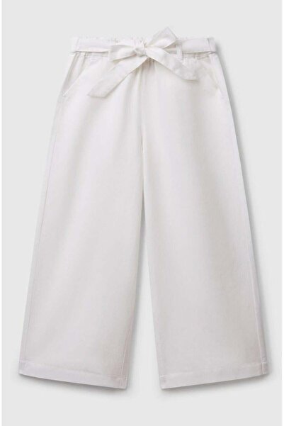 United Colors of Benetton Girl's White Linen Blended Wide Leg Trousers with Stitched Waist and Belt
