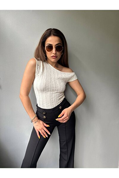 Butik Beyza Bürümcük Gofre Εξαιρετικά εύκαμπτο ύφασμα μονό ώμο χαμηλή μπλούζα