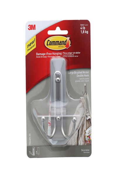 3M Command Large Brushed Nickel Double Hook Silver